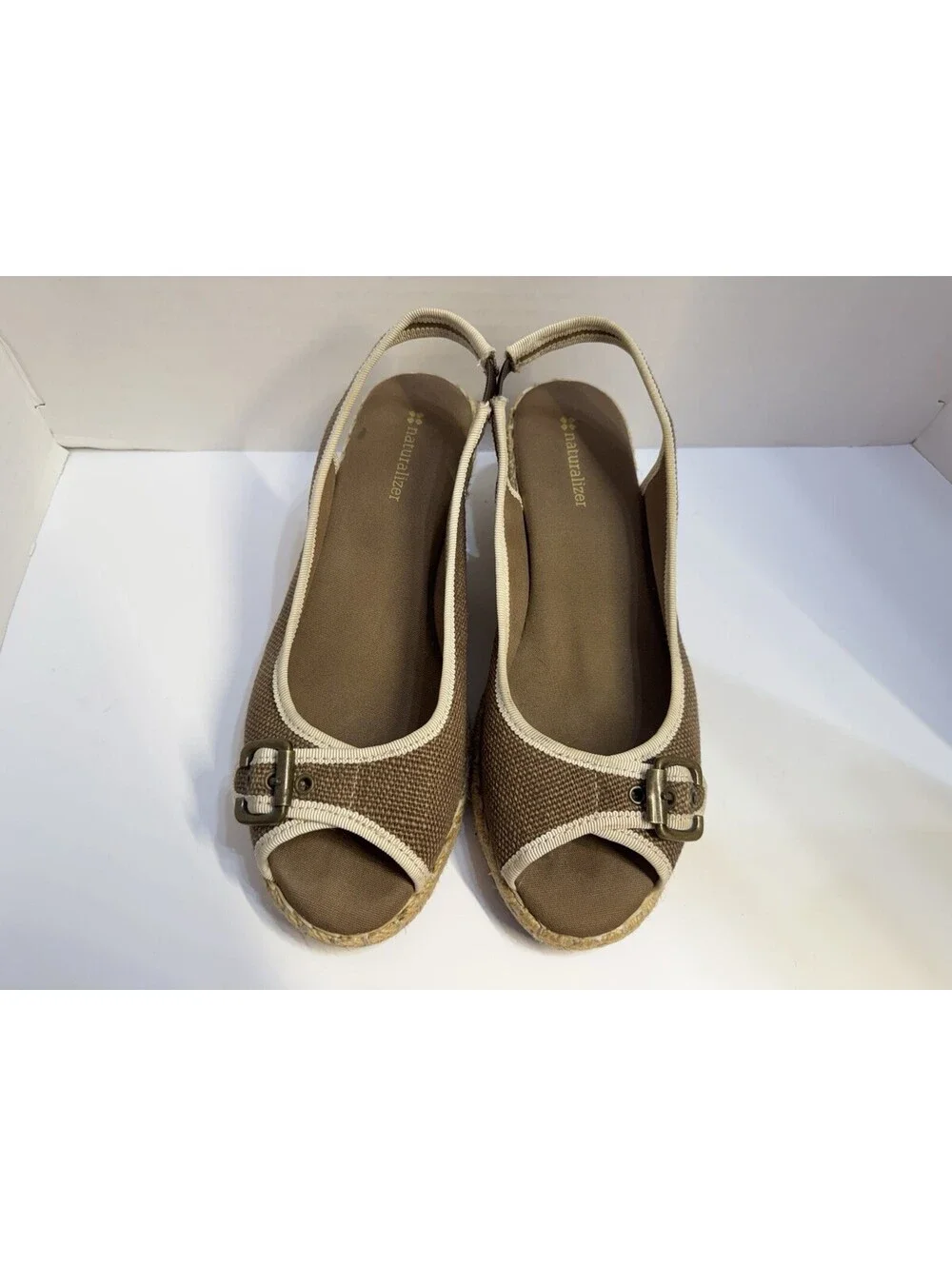 Naturalizer Women's Brown/Beige Comfy Straw Wedge Espadrille Sandals Size 8M